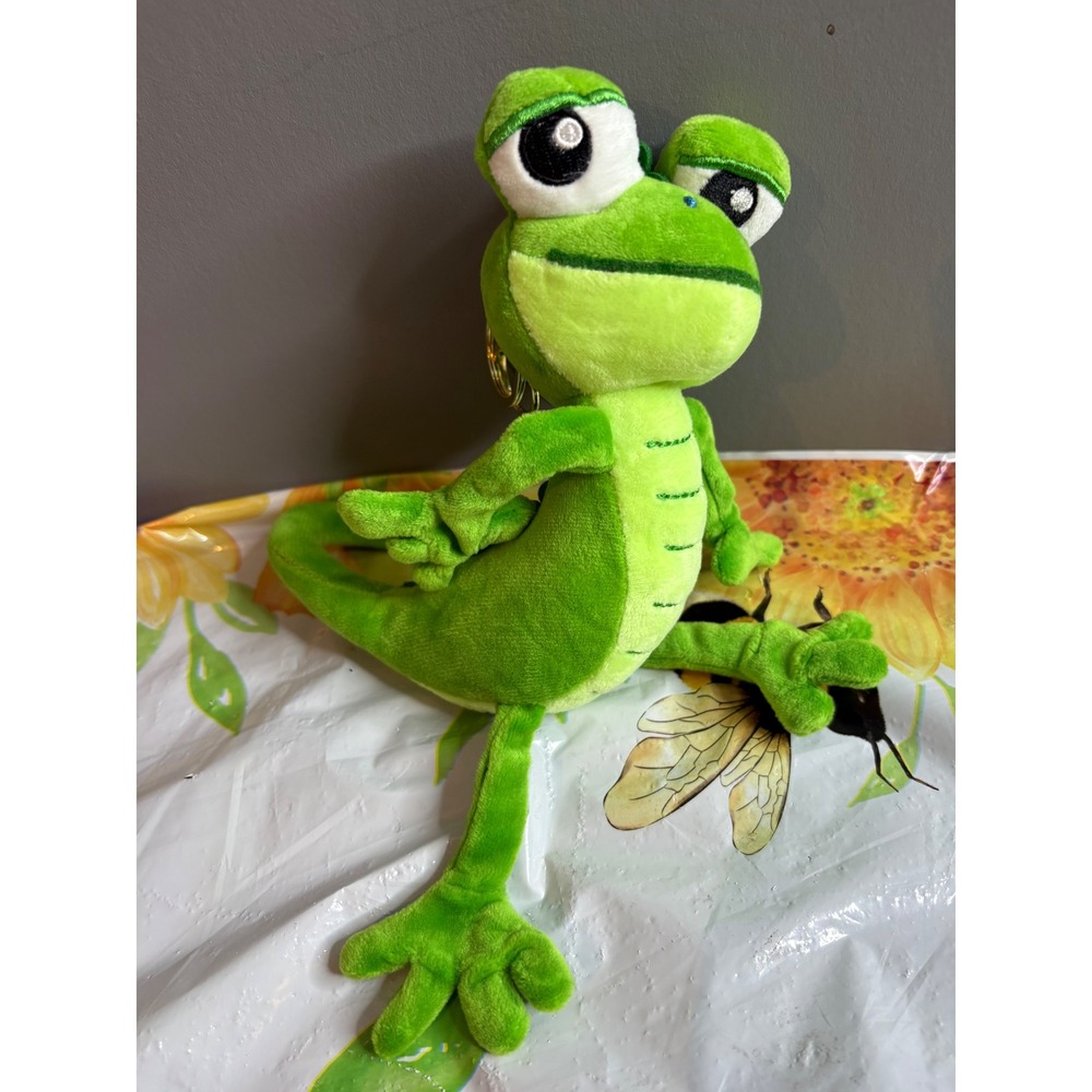Green Lizard Plush Keychain Soft Reptile Bag Charm Gold Tone Clip Accessory
